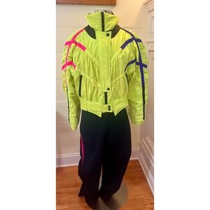 Vtg Obermeyer Finale 1-Piece Zip-Front Women's Neon‎ Yellow Snow/Ski Suit Size 8